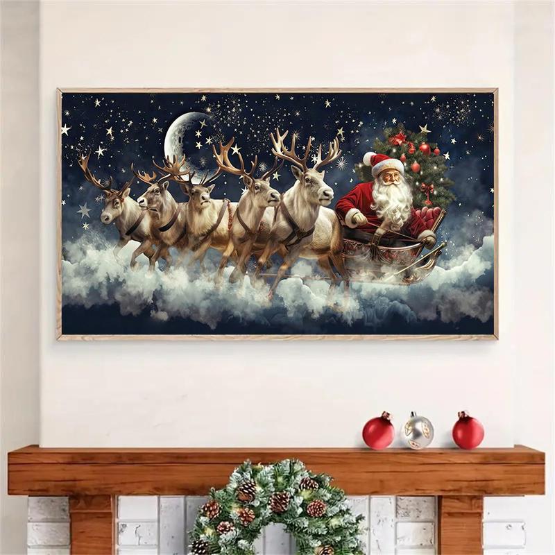 Christmas Themed Canvas Painting without Frame, 1 Count Santa Claus & Reindeer & Sleigh Pattern Wall Art, Wall Decor for Home Living Room Bedroom