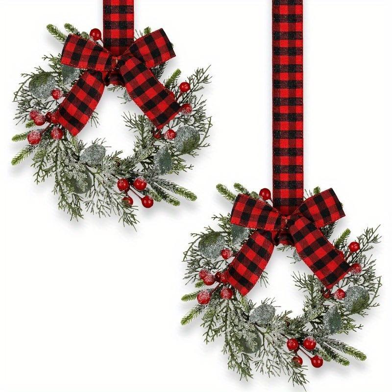 Christmas Wreath, 2 Counts set Mini Cabinet Wreaths Berry & Bowknot Design, Farmhouse Wreath for Holiday Party Decorations