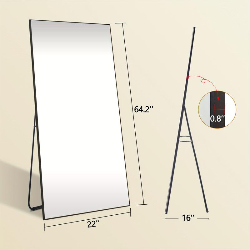 Full-Length Mirror with Aluminum Alloy Frame, Floor Mirror with HD Mirror Surface, Wall Mirror Free-Standing Hanging, Right-Angle Full Body Mirror with Stand for Living Room, Cloakroom, Hallway, Black, Gold, Size: 64