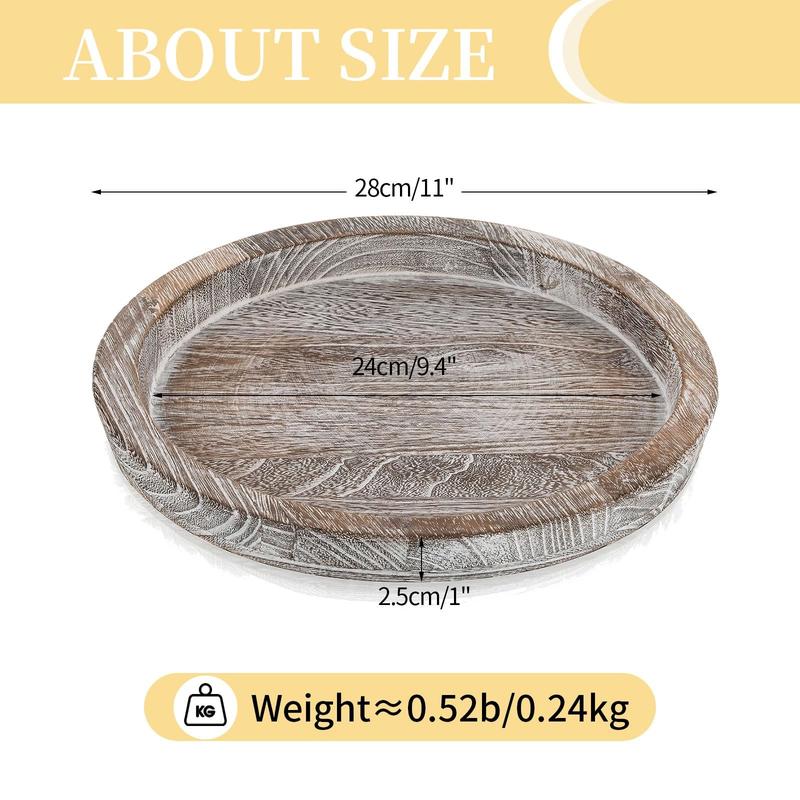 Wooden Decorative Tray Candle Holder: Round Wood Tray Home Decor, Whitewash Rustic Trays for Farmhouse Dinning Table Kitchen Countertop Coffee Table Wedding Centerpiece, 11inch