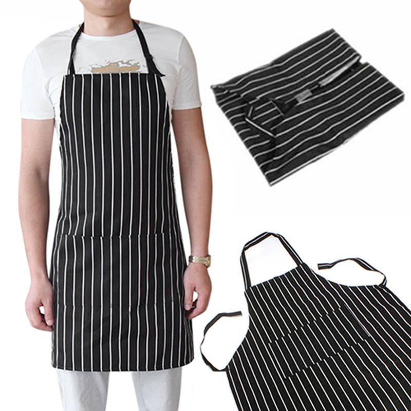 Adjustable Adult Black Stripe Bib Apron With 2 Pockets Chef Waiter Kitchen Cook