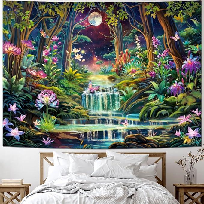 Blacklight Fantasy Forest Tapestry Aesthetic Moon 60*51inTapestry UV Reactive Neon Galaxy Space Wall Tapestry Trippy Plant Floral Tapestry Wall Hanging for Home Decor