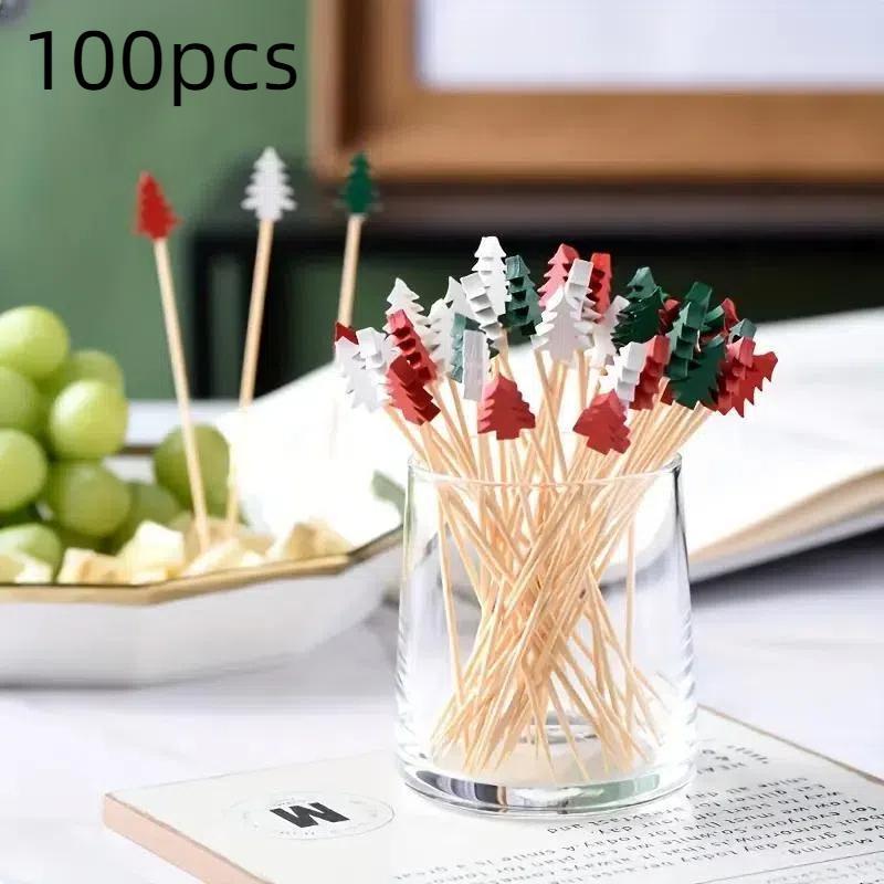 Random Color Christmas Themed Bamboo Stick, 100pcs Disposable Fruit Dessert Stick, Disposable Tableware Supplies for Home Party Festival