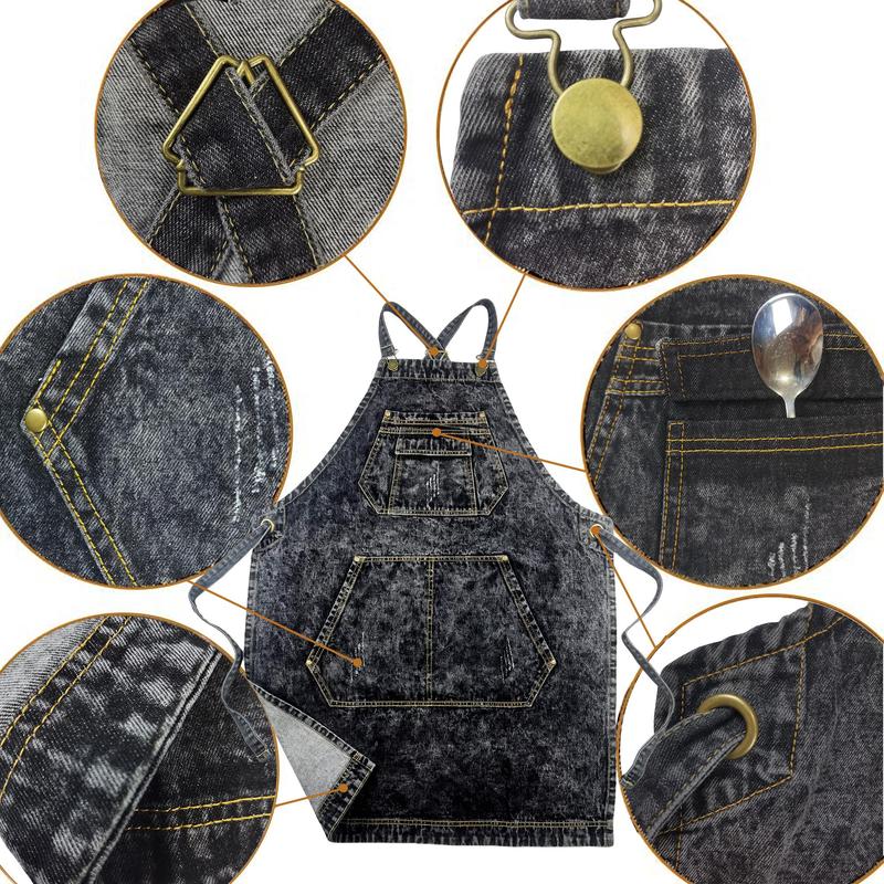 Denim Apron with Pockets, Cross Straps & Adjustable Apron, Work Apron for Hair Stylist Gardening Craftsmen Barista Women Hairdresser