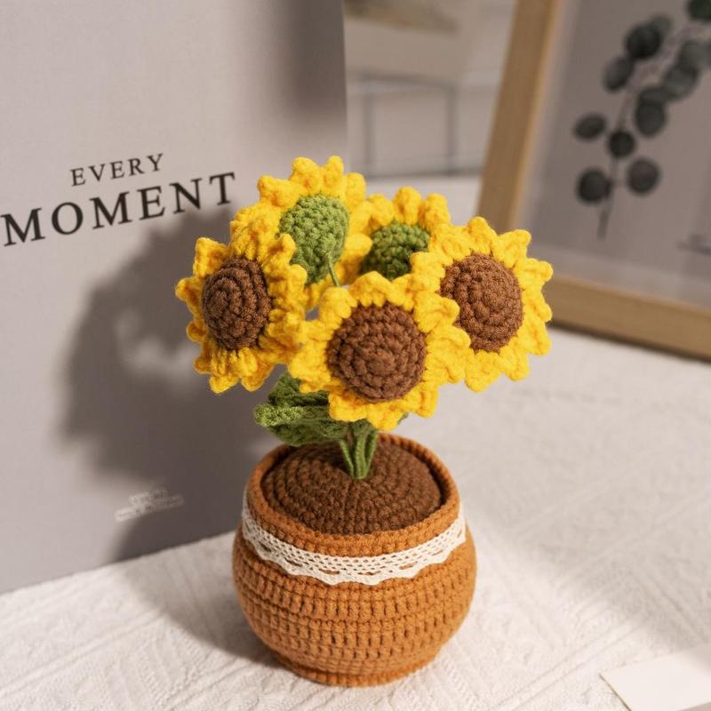 Crochet Sunflower Potted Plant, 1 Count Cute Creative Handmade Knitting Positive Energy Ornament, Home Decor for Living Room Bedroom Office