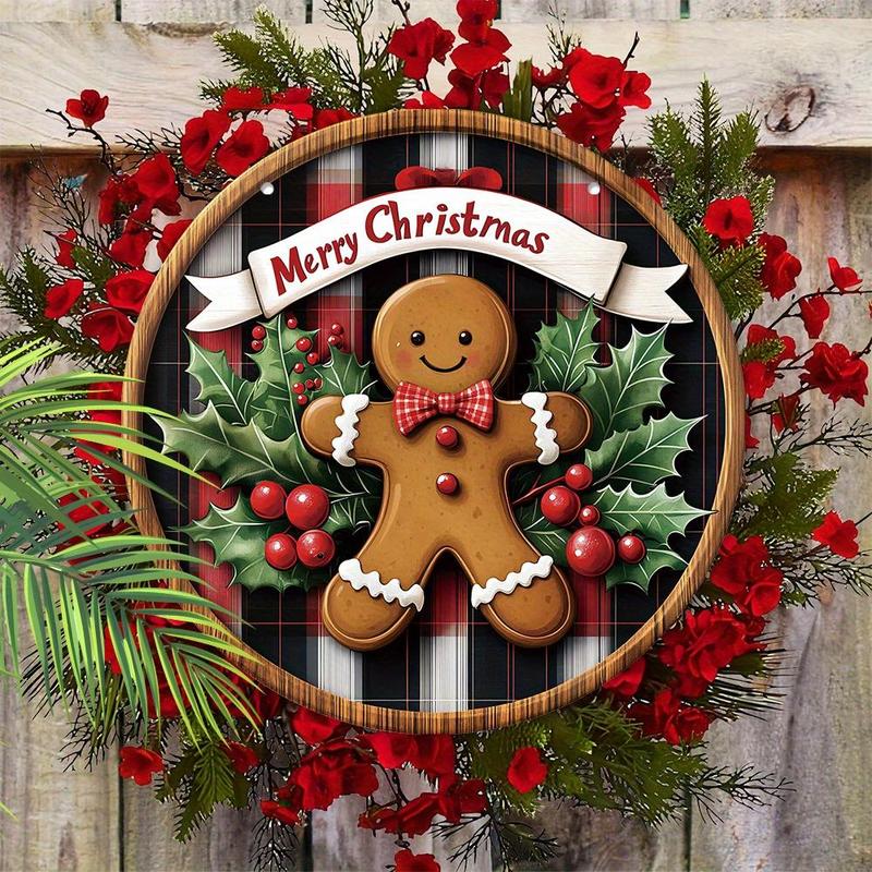 Merry Christmas Gingerbread Man Pattern Hanging Sign, 1 Count Wooden Round Hanging Wall Decor, Festive & Party Supplies for Home Garden Decor