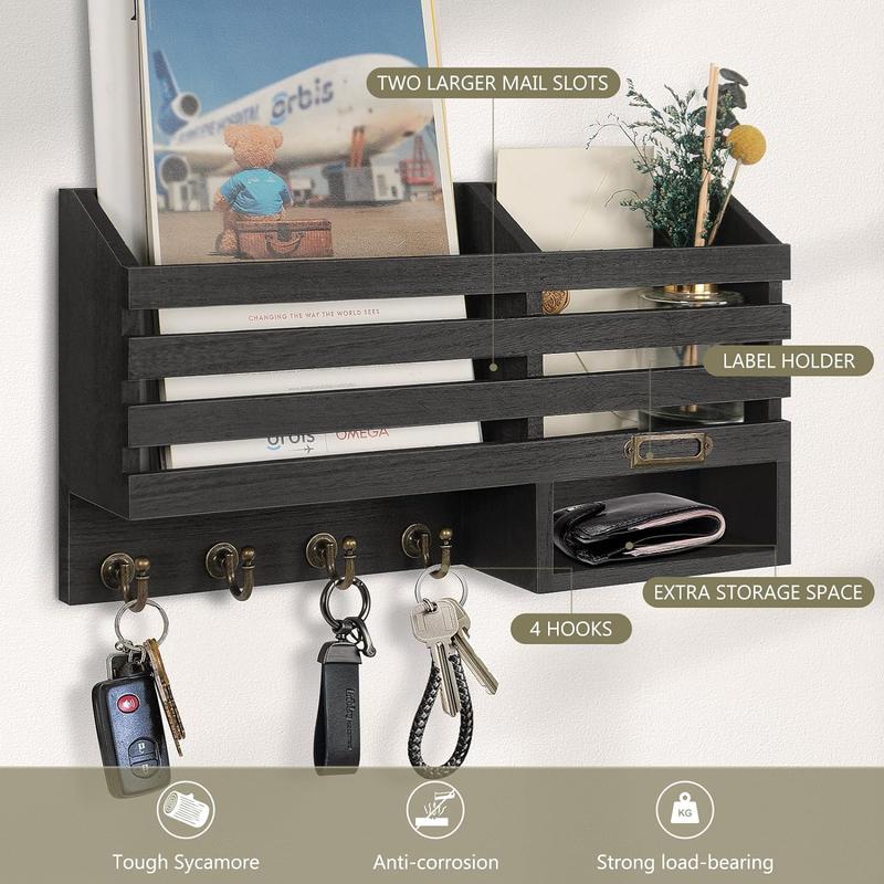 Key Holder for Wall: Easy Mounted Key Rack and Mail Organizer with Store Shelf and Four Sturdy Keys Hooks Decor in Kitchen|Farmhouse|Entryway|Mudroom (Black)