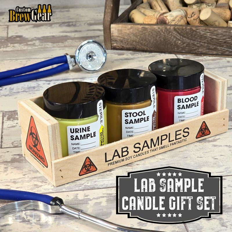 Medical Lab Sample Candles,  Nurse Gift, Doctor Gift, Funny Medical Gift Box-Stool Sample, Urine Sample, Blood Sample Gift Set in Wooden Crate