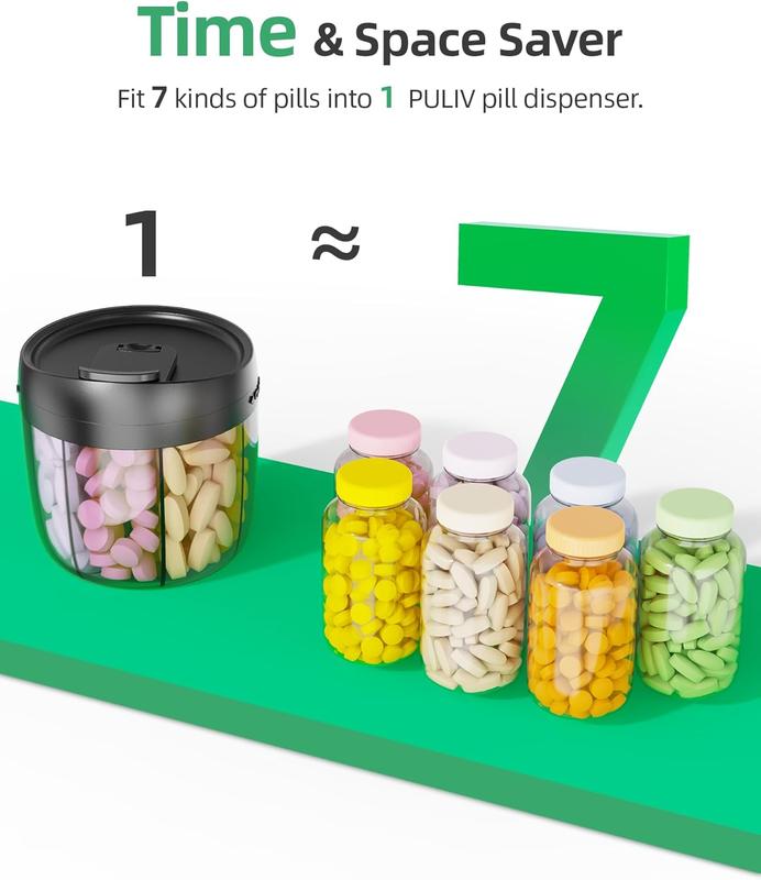 Portable Pill Dispenser Bottle, Vitamin Organizer with 7 Compartments, Holds Plenty of Supplements with Anti-Mixing & Wide Openings Design Oil Tin