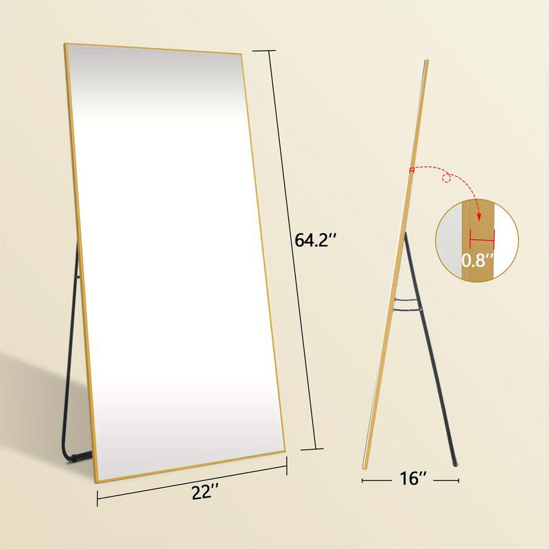 Full-Length Mirror with Aluminum Alloy Frame, Floor Mirror with HD Mirror Surface, Wall Mirror Free-Standing Hanging, Right-Angle Full Body Mirror with Stand for Living Room, Cloakroom, Hallway, Black, Gold, Size: 64