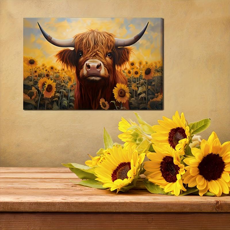 Vibrant Highland Cow & Sunflowers Artwork - Frameless Canvas Print with Warm Colors, Nature-Inspired, Perfect for Living Room, Bedroom, or Home Office Decor, Adds Cozy Touch to Any Space