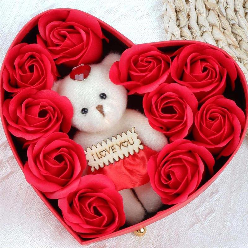 Christmas 2024outdoor Artificial Rose & Cute Bear Design Gift Box Set , Creative Heart Shaped Gift Box, Gift Box for Women & Men, Birthday Gift for Friends & Family, Summer Gifts, Room Accessories