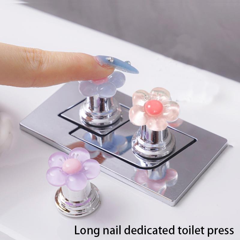 Flower Shaped Toilet Press, 3 Counts set Cute Creative Long Nail Dedicated Toilet Press, Bathroom Button & Switch Auxiliary Devices