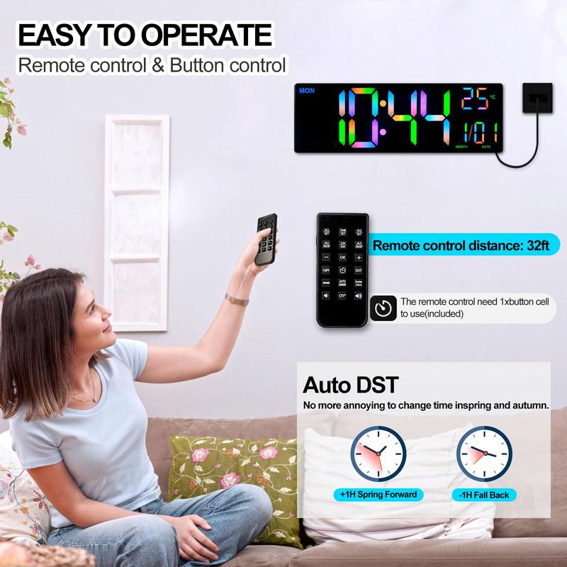 Large Screen Digital Wall Clock, 1 Count USB Powered Alarm Clock with Remote Control, Bedroom Wall Decor Clock with Date & Temperature Display, Home Decor