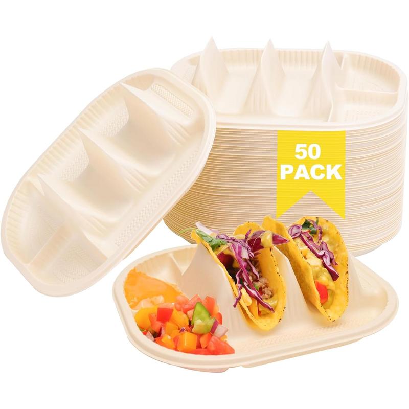 50 count Small Disposable Taco Plates for Party, Cornstarch Taco Holders with 2 Dipping Areas, Hold for 2 Tacos, Square Fiesta Taco Trays for Taco Night, Microwave Safe Lightweight