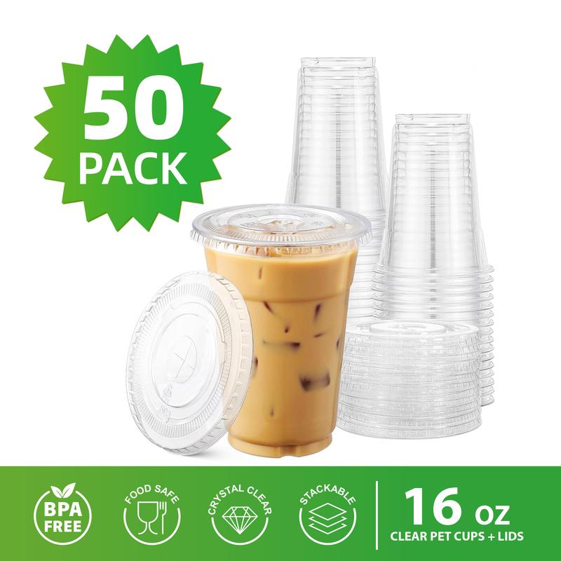 50-Pack Clear Plastic Cups with Flat Lids - 12 16 20 24 oz, Disposable PET Crystal Party Cups - Perfect for Coffee, Fruit Juices and Cold Beverages