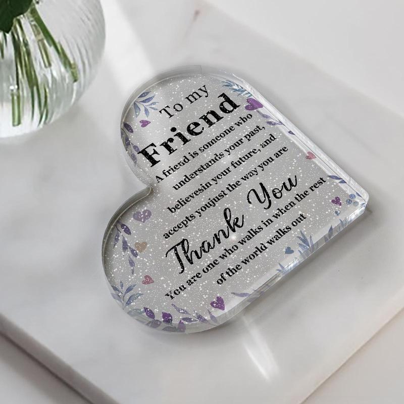 Heart Shaped Acrylic Plaque, 1 Count Floral & Letter Pattern Decorative Ornament, Thank You Gift for My Friend, Love You Goodbye Gift for Friend