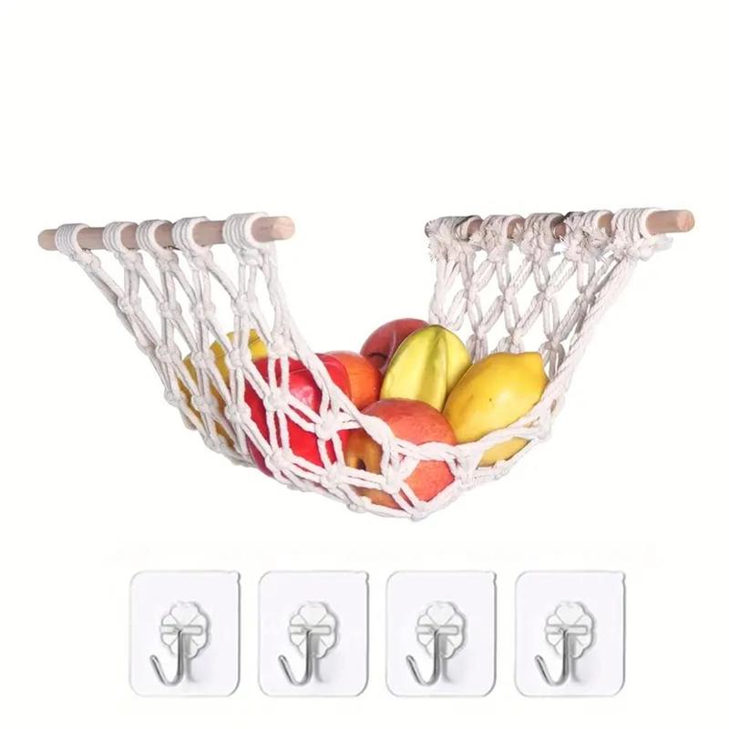 Hanging Fruit Basket, Wooden Hanging Fruit Storage Basket with 4 Hooks, Creative Fruit & Vegetable Hammock for Home Kitchen