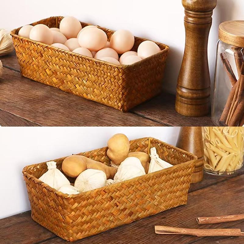 Straw Storage Basket, 1 Count   Woven Basket, Household Storage Organizer for Snacks, Desserts, Home Organizers for Living Room, Balcony, Picnic