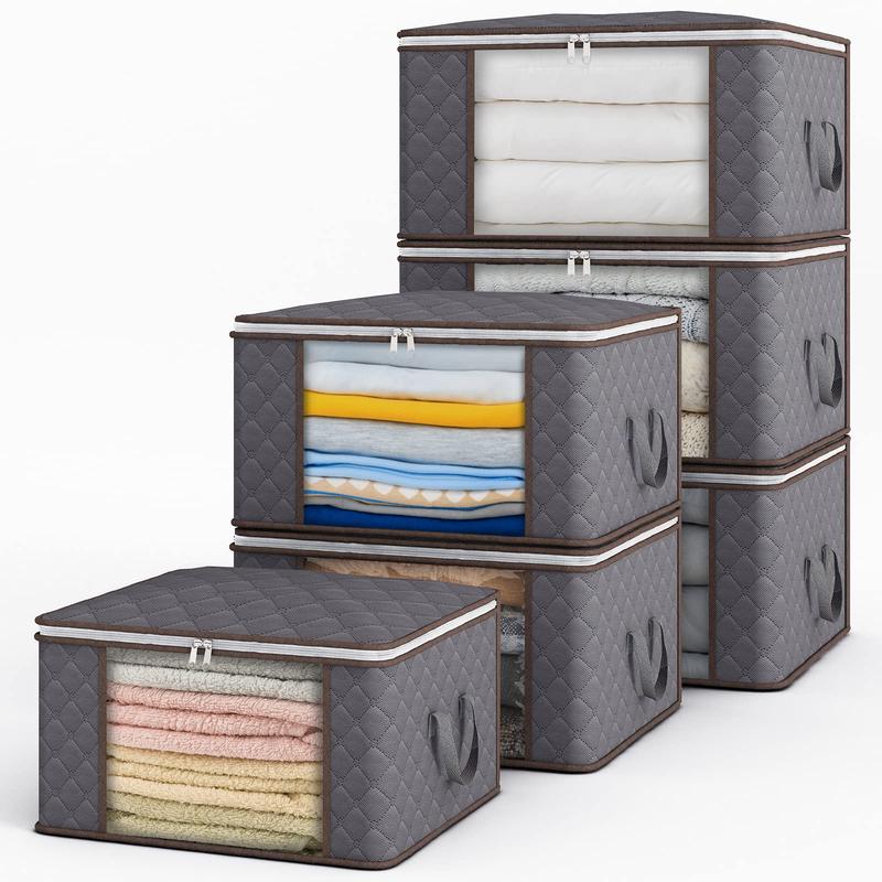 6 Pack Clothes Storage Organizers Foldable Clothing Storage Bags with Reinforced Handles Sturdy Zippers Storage Containers for Organizing Blanket Bedroom Closet Dorm Sweater, 60L, Gray