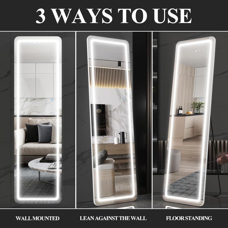 [LIVE3] 64” x 21” Full Length Mirror with LED Light, Floor Hanging Mirror Wall Mounted, Dimming & 3 Color Lighting for Bedroom Cloakroom Decor