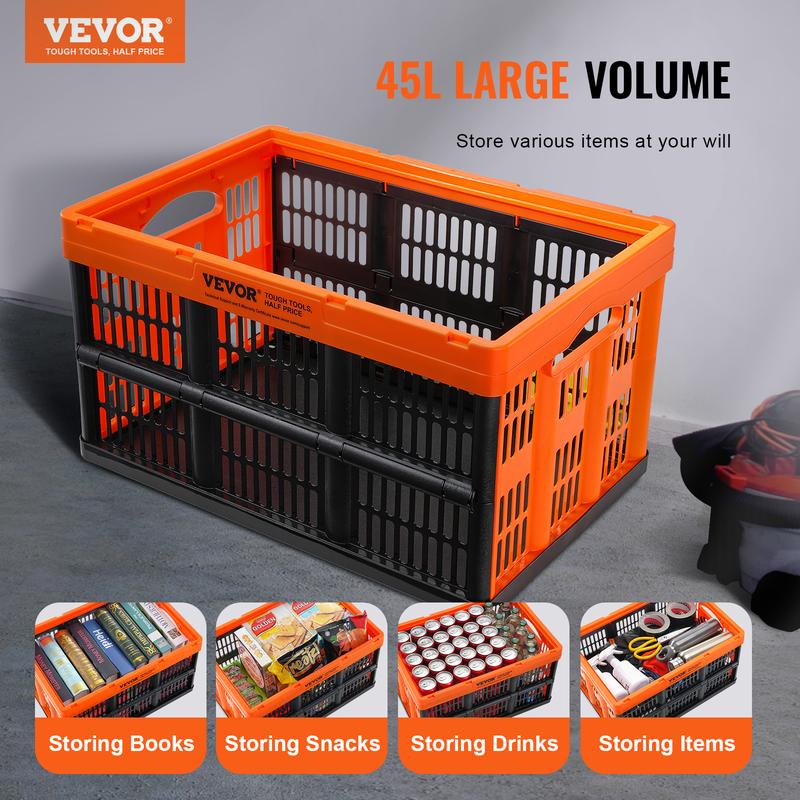 VEVOR Plastic Collapsible Storage Basket, 45L 3 Packs, Folding Stackable Storage Containers Bins with Handles, Large Heavy Duty Containers for Clothes, Toys, Books, Snack, Shoes and Grocery Organizing Box Organiser