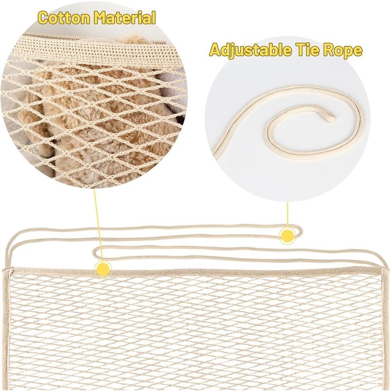 Storage Net for s, Bedside Toy Organizer Net - Neatly Store Your Stuffed Animals, 2 Pack Cotton Bedside Stuffed Animal Storage Net with Tether, Stretches up to 32 Inches, Beige