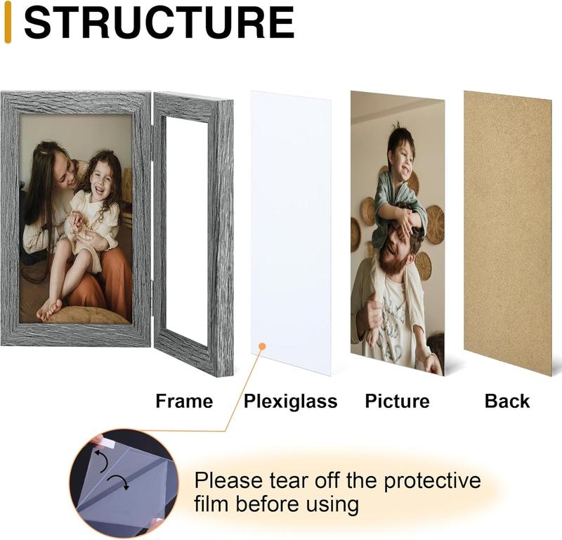 Double 4x6 Picture Frame Vertical, Engineered  Bifold Photo Frame with Plexiglass for Tabletop Display, Double Picture Frames 4x6 Grey