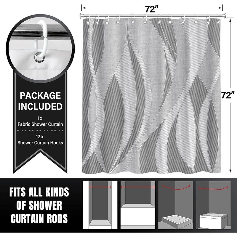 KAIRA Modern Grey Wave Pattern Shower Curtain with Hooks, 72