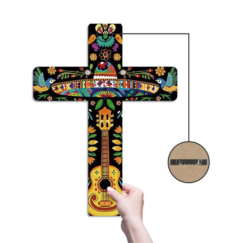 Mexican Style Crucifix, 1 Count Wooden Wall Art Decor, Wall Mounted Cross Decoration for Farmhouse Living Room Restaurant Church Snack Bar, Gifts