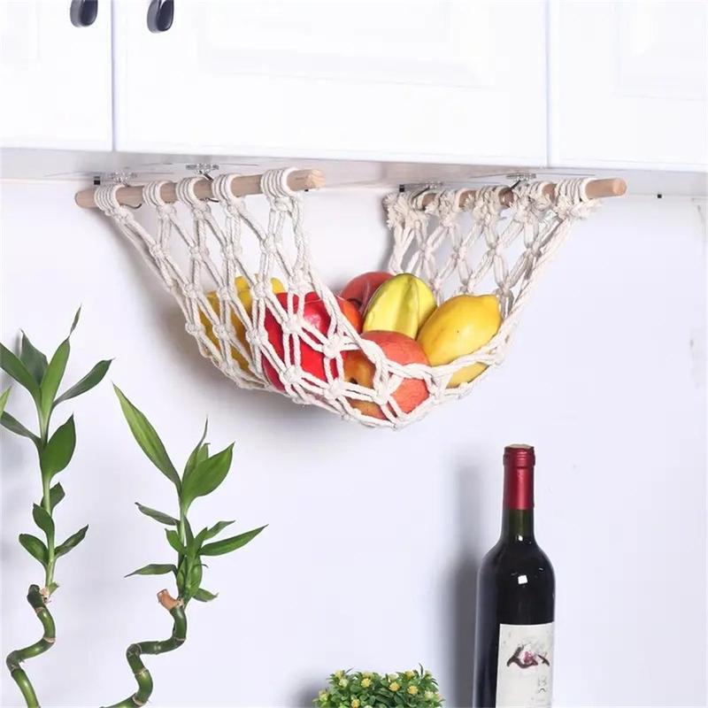 Hanging Fruit Basket, Wooden Hanging Fruit Storage Basket with 4 Hooks, Creative Fruit & Vegetable Hammock for Home Kitchen