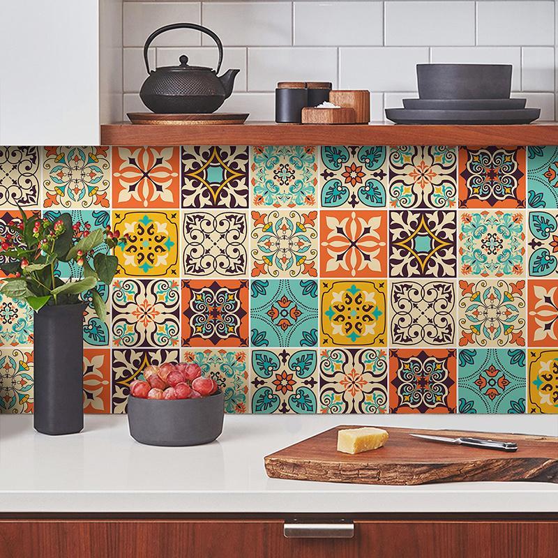 Bohemian Style Tile Self-adhesive Wall Sticker, 20pcs 2 Sets Waterproof Colorful Exquisite Wall Sticker, Wall Decal for Home Kitchen Dormitory Bathroom Hotel Decor