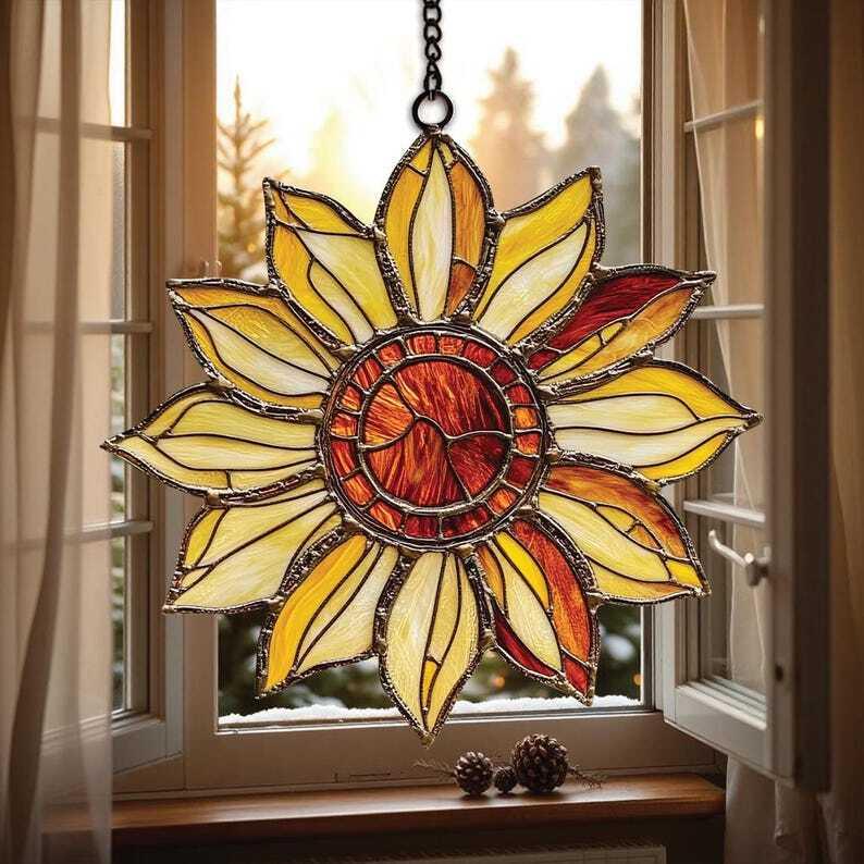 Sunflower Flower Suncatcher, Window Hanging, Sunflower Garden Ornament, Floral Faux Stained Glass, Gift for Mom Birthday Gift Home Decor