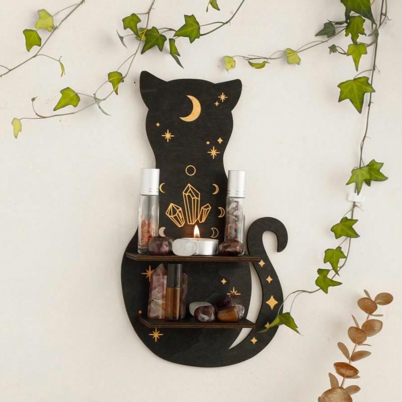 Wooden Moon & Cat Design Hanging Decor, 1 Count Creative Meditation Ornament For Home Wall Decor, Ramadan Decorations, Household Storage Shelf Display Rack for Room Accessories, Summer for Gifts