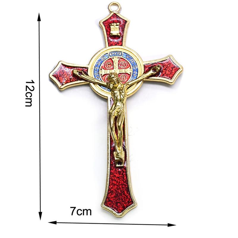 Saint Benedict Red Enamel Wall Crucifix - 4.7x2.7 Inch Protection Cross with San Benito Medal for Catholic Prayer and Decoration Religious Ornaments