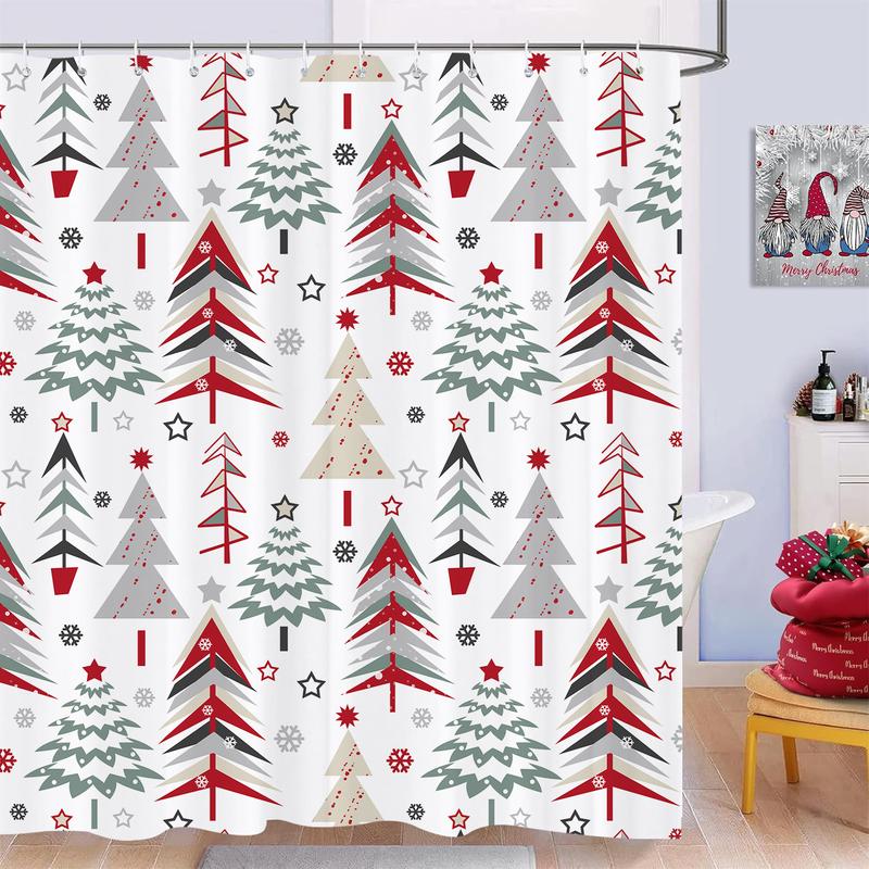 PAUSEBOLL Christmas Tree Shower Curtain, Xmas Tree Shower Sets Winter Snowflake New Year Holiday Home Bathroom Bathtubs Decor, Waterproof Polyester Fabric Bathroom Curtain Set with Hooks 72X72 Inches