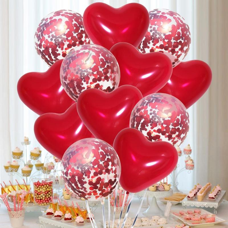 12in Balloon for Birthday, 10pcs set Red Heart Shaped Balloon, Confetti Balloon for Birthday Wedding, Sweet Romantic Party Decor