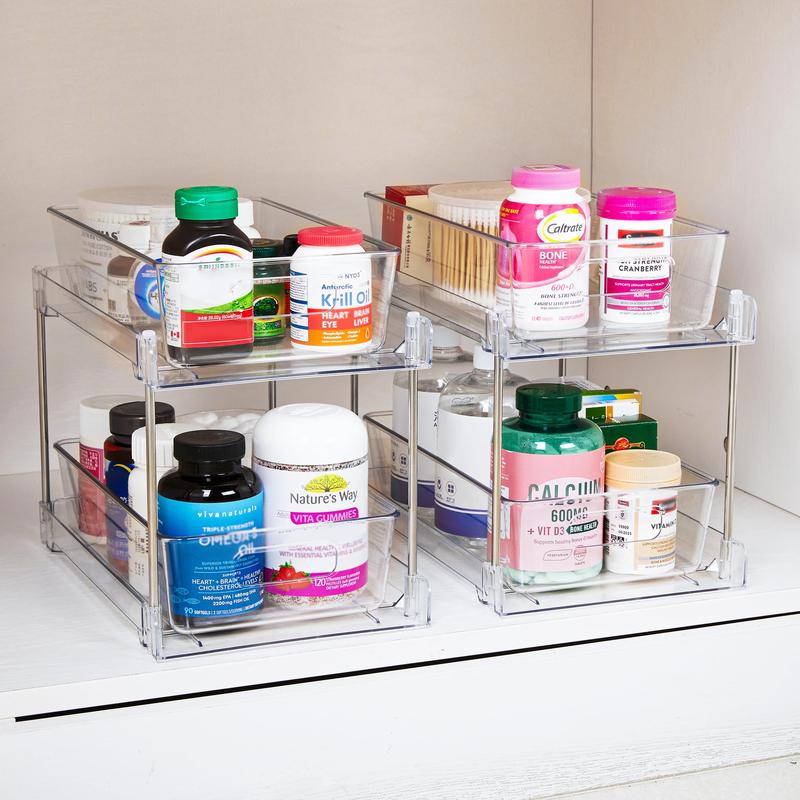 [Black Fridayl]Vtopmart 2 Tier  2-4 Pack Clear Bathroom Storage Organizer, Kitchen Pull-Out Organization with Track  For Under Sink , Medicine, Pantry