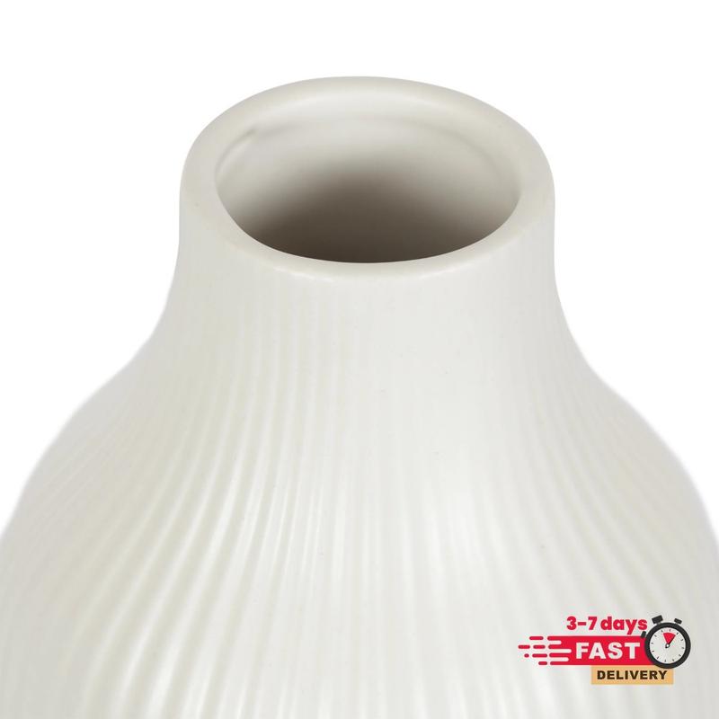 Ribbed Cream Ceramic Vase - 8.5 Inches, White