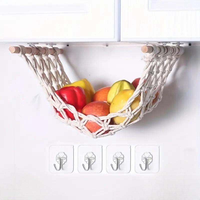 Hanging Fruit Basket, Wooden Hanging Fruit Storage Basket with 4 Hooks, Creative Fruit & Vegetable Hammock for Home Kitchen