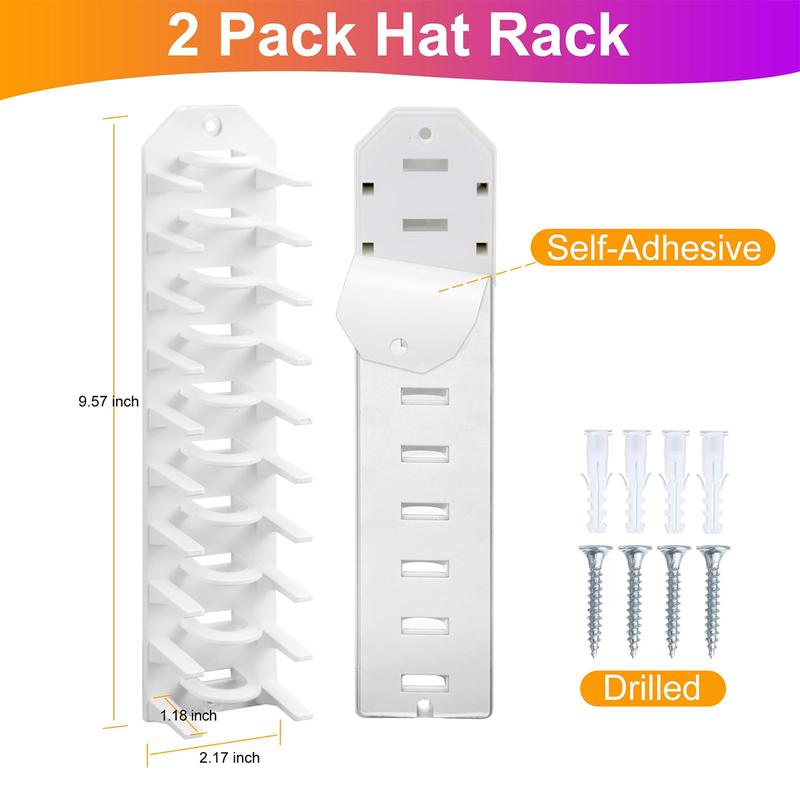 2 Pack Wall-mounted Baseball Cap Organizers with Adhesive Drilled Hat Hooks, Hat Hanger, Hat Storage and Display Rack for Door, Closet, Bedroom. white