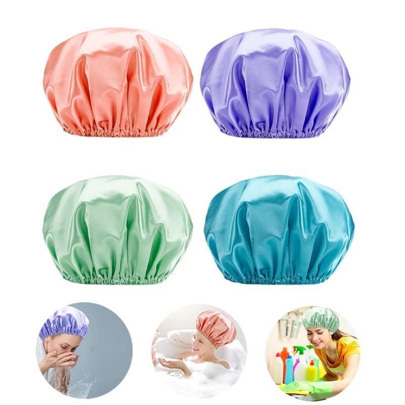 Solid Color Reusable Shower Cap, 4 Counts set Waterproof Elastic Bathing Hat, Hair Cap for Women, Bathroom Supplies