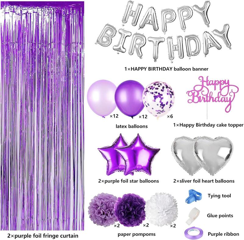 Purple Birthday Decorations Set for Women or Girl with Happy Birthday Balloons,Birthday Cake Topper, Paper Pompoms for Baby Birthday Accessory Party Souvenir