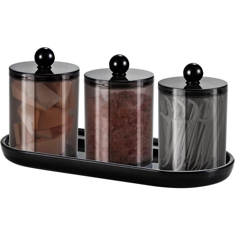 Qtip Holder Bathroom Set with Tray(4PCS) - 3 Pack Acrylic Plastic  Jars Qtip Dispenser Canister with Lid and Labels, 1 Pack Vanity Tray, for Cotton Ball, Cotton Swab (Black)