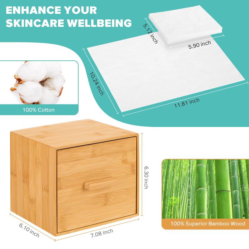 Bamboo Box with Drawer & 50 Clean Towels XL, Face Towel, Disposable Makeup Remover Dry Wipes, Facial Wash- Bamboo Box Face Towels Container Organizer