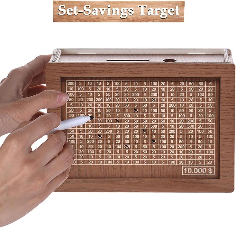 Cash Vault Wooden Savings Box, 2024 New Wooden Cash Saver Money Box, Cash Saver Box, Coin Counter Piggy Bank, Money Box with Counter, Wooden Money Box with Money Target and Numbers($10000)