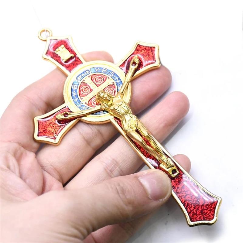 Saint Benedict Red Enamel Wall Crucifix - 4.7x2.7 Inch Protection Cross with San Benito Medal for Catholic Prayer and Decoration Religious Ornaments