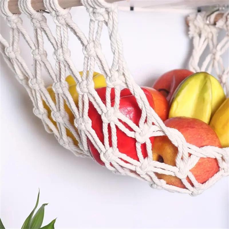 Hanging Fruit Basket, Wooden Hanging Fruit Storage Basket with 4 Hooks, Creative Fruit & Vegetable Hammock for Home Kitchen