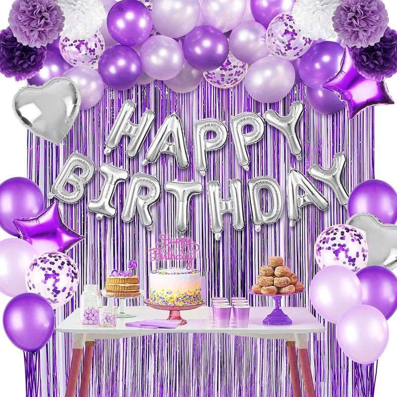 Purple Birthday Decorations Set for Women or Girl with Happy Birthday Balloons,Birthday Cake Topper, Paper Pompoms for Baby Birthday Accessory Party Souvenir