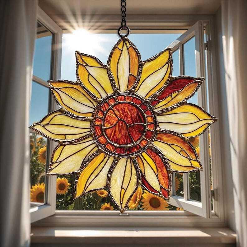 Sunflower Flower Suncatcher, Window Hanging, Sunflower Garden Ornament, Floral Faux Stained Glass, Gift for Mom Birthday Gift Home Decor